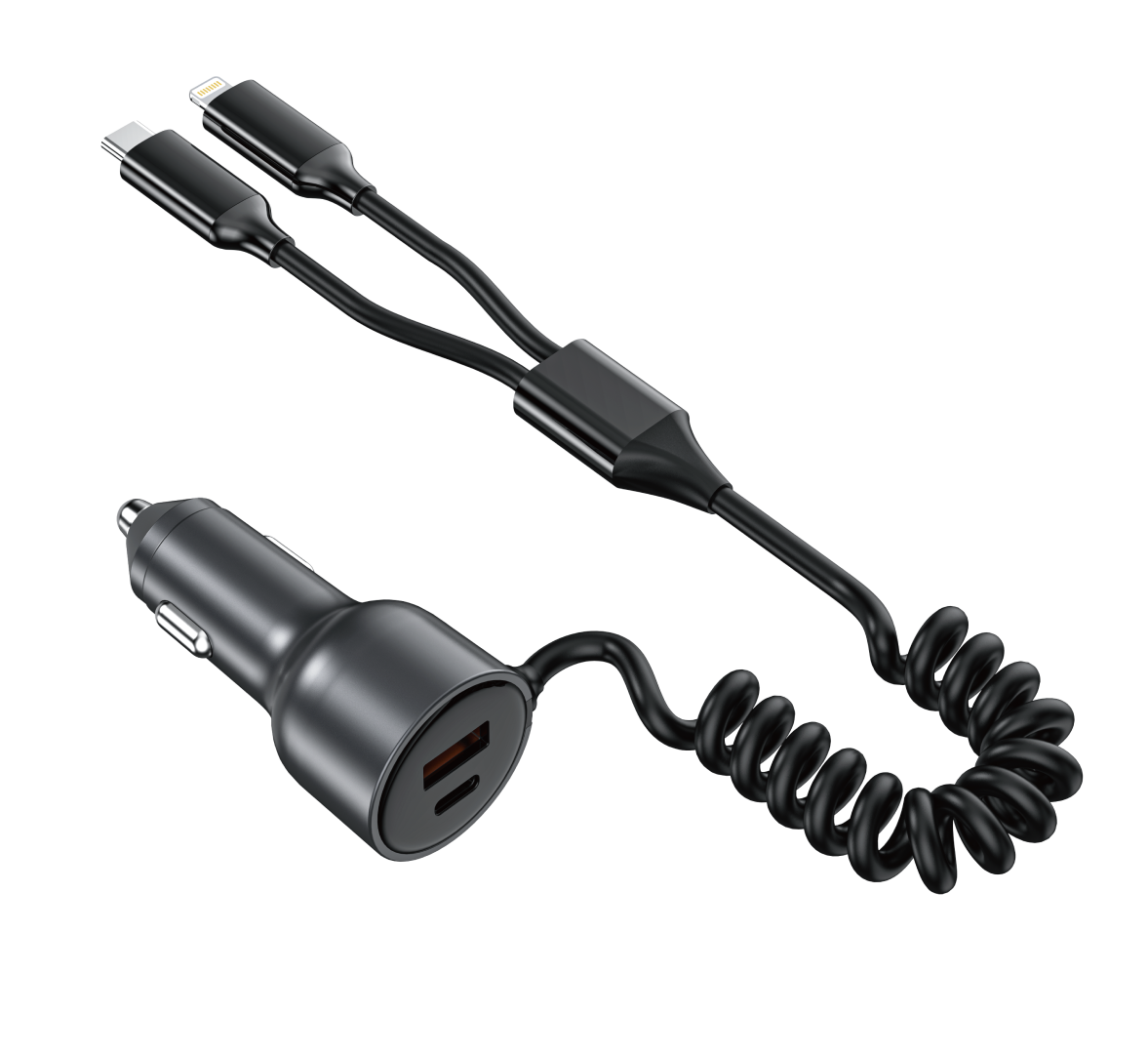 Asli Global PrimusCharger Max 65W Dual Port PD & QC Car Charger with Built-in Cables Type-C And Lightning | Black Asli Global PrimusCharger Max 65W Dual Port PD & QC Car Charger with Built-in Cables Type-C And Lightning | Black
